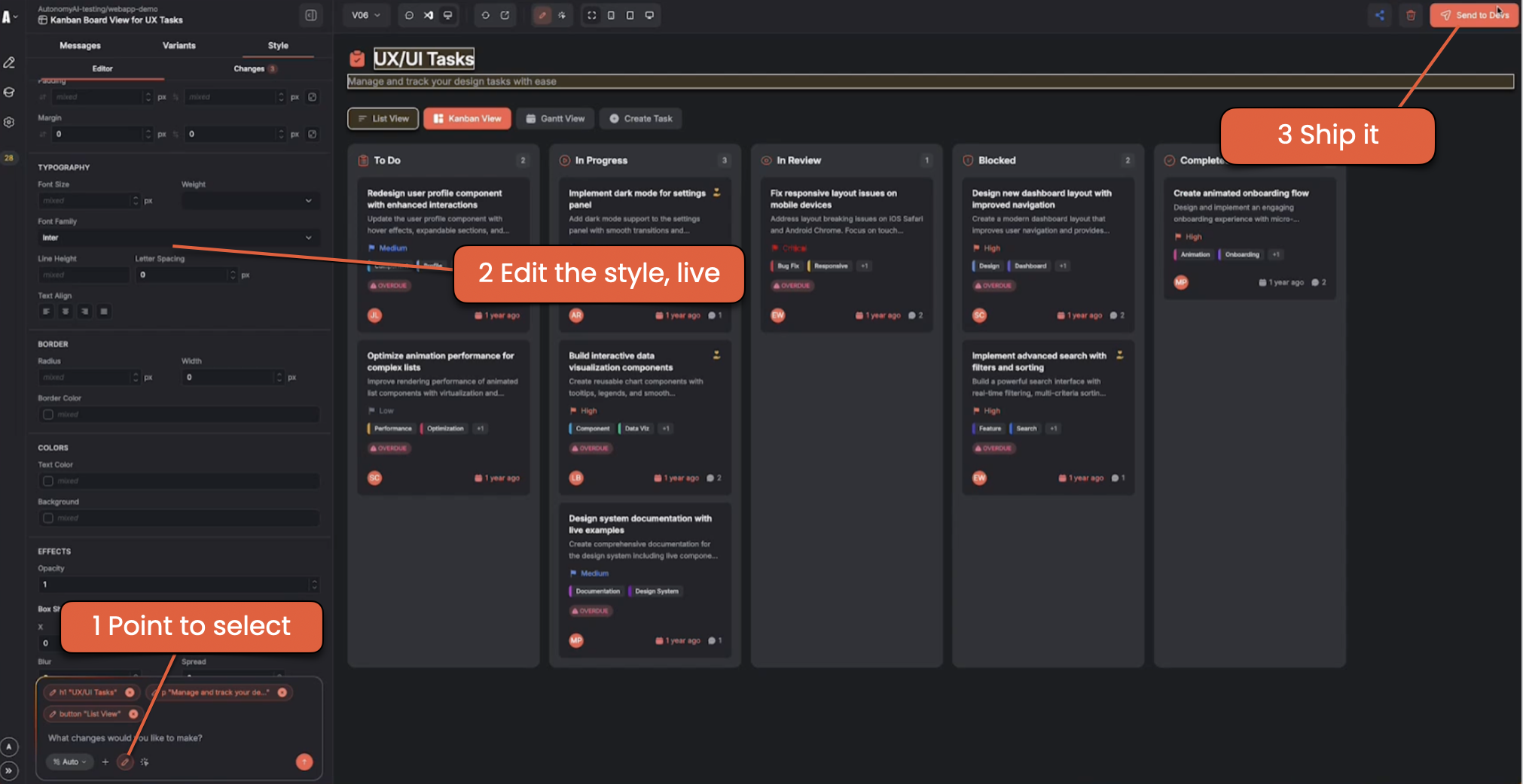 Fei Studio Design Mode: Style panel on the left, Kanban board on the right, with callouts — 1 Point to select, 2 Edit the style live, 3 Ship it