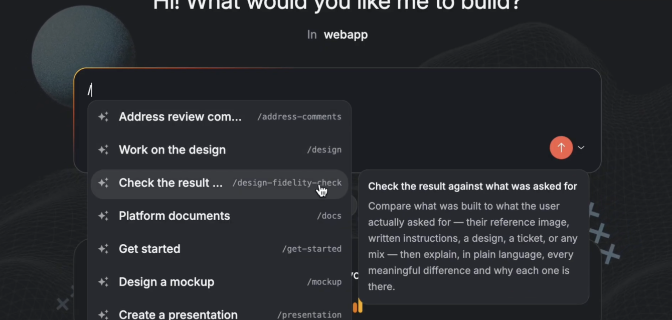 Fei Studio slash-command menu showing Skills like Work on the design, Design a mockup, and Check the result