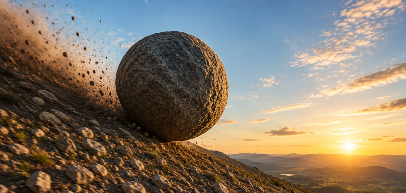 A large stone boulder rolling down a hillside at sunset, gathering speed