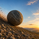 A large stone boulder rolling down a hillside at sunset, gathering speed