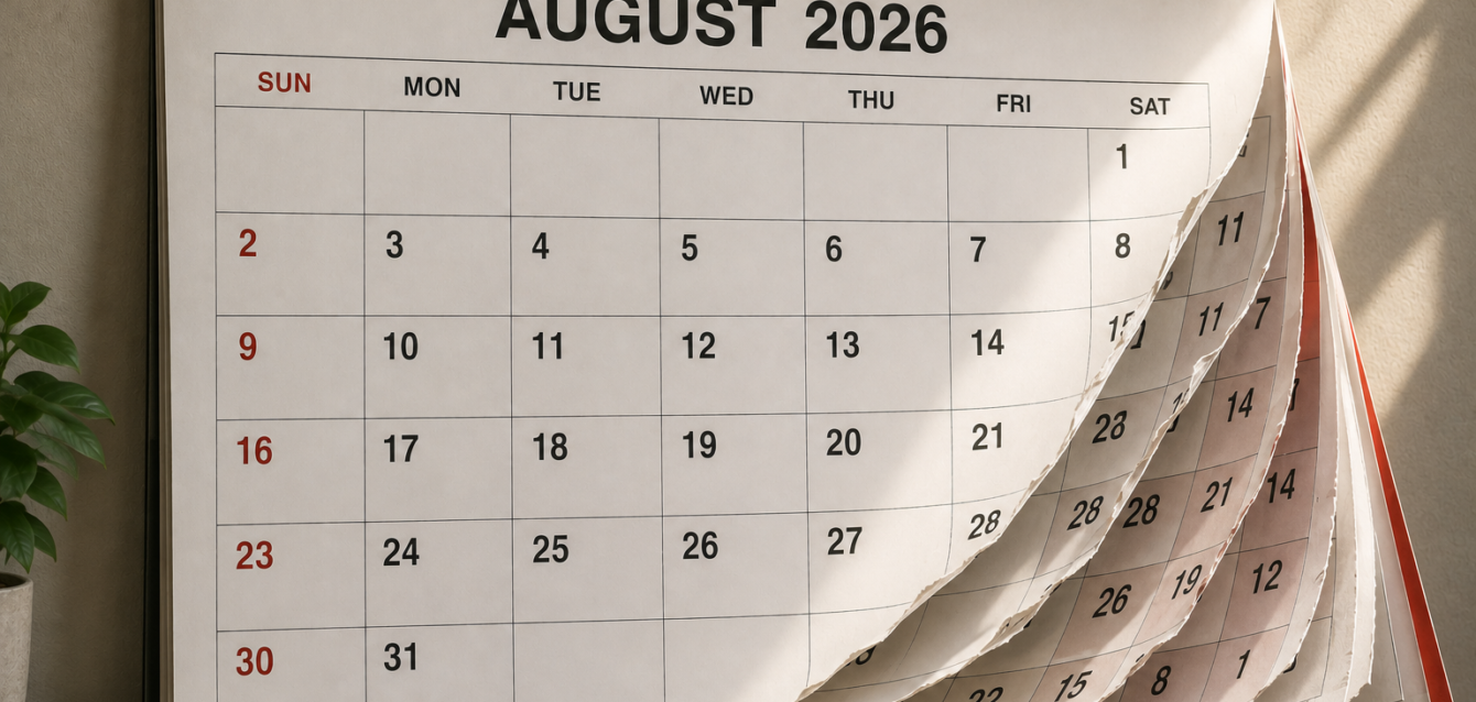 A wall calendar showing August 2026 with pages flipping, evoking time passing by the quarter