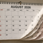 A wall calendar showing August 2026 with pages flipping, evoking time passing by the quarter