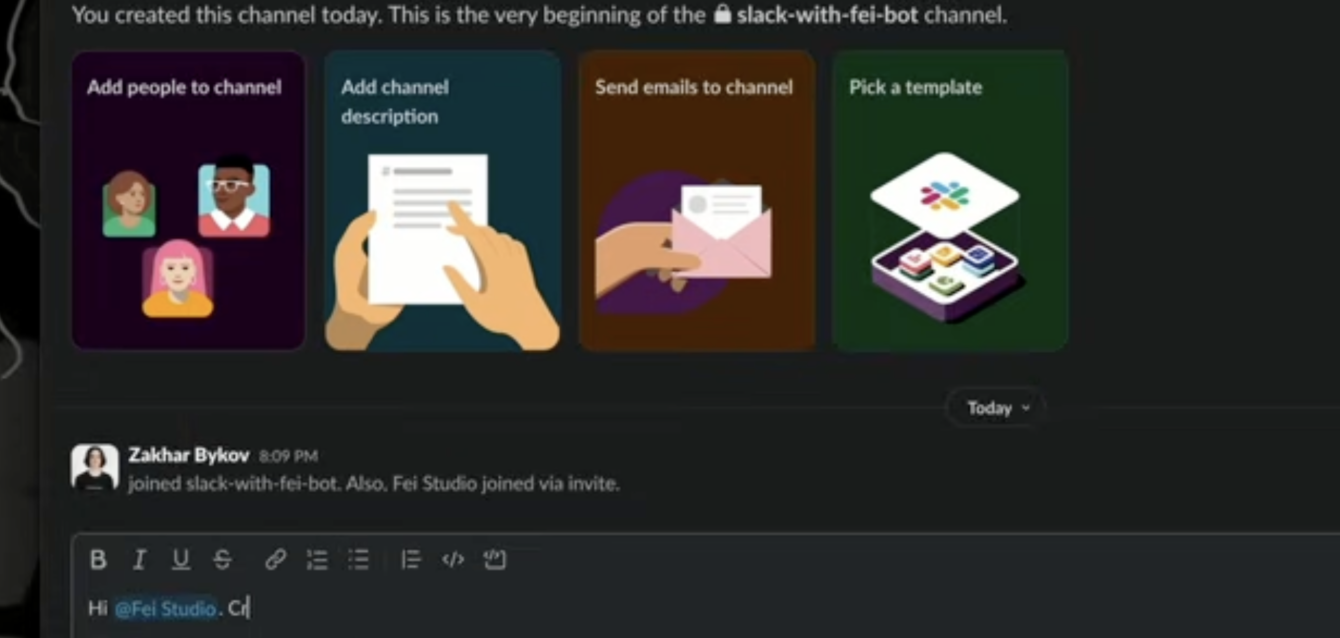 Slack channel showing @Fei Studio mentioned to hand off a fix